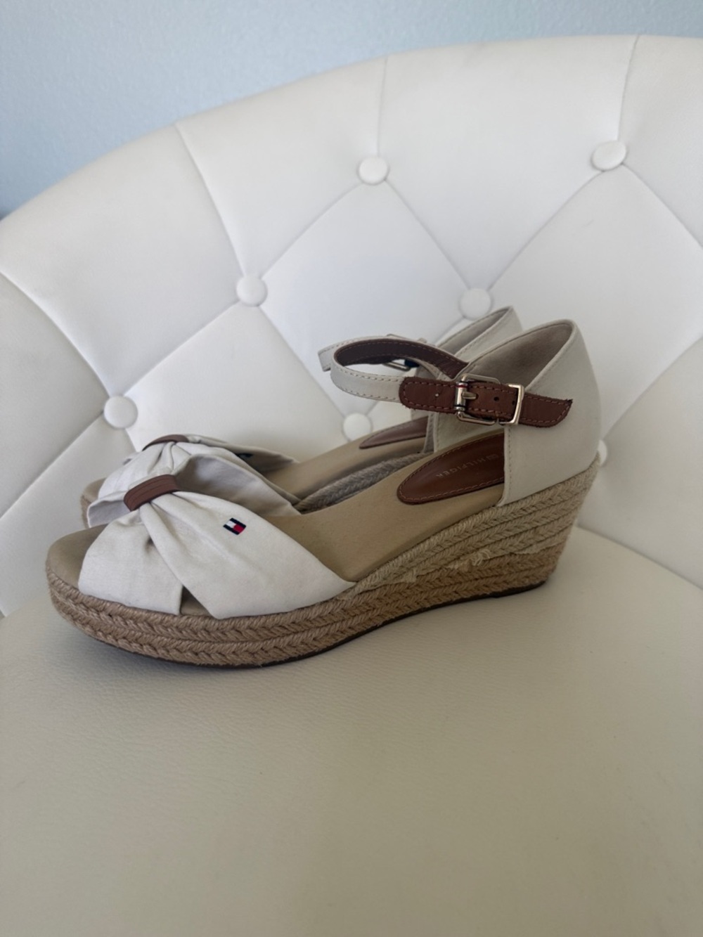 Tommy Hilfiger White Cream Wedge Espadrille Sandals with Tan Ankle Strap 6.5 - Picture 3 of 13